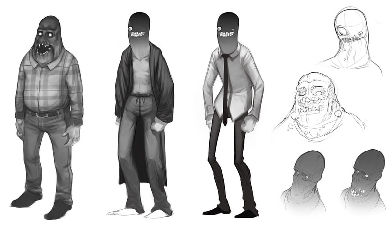 Sketches of different creepy humanoid monsters wearing casual human clothes.
