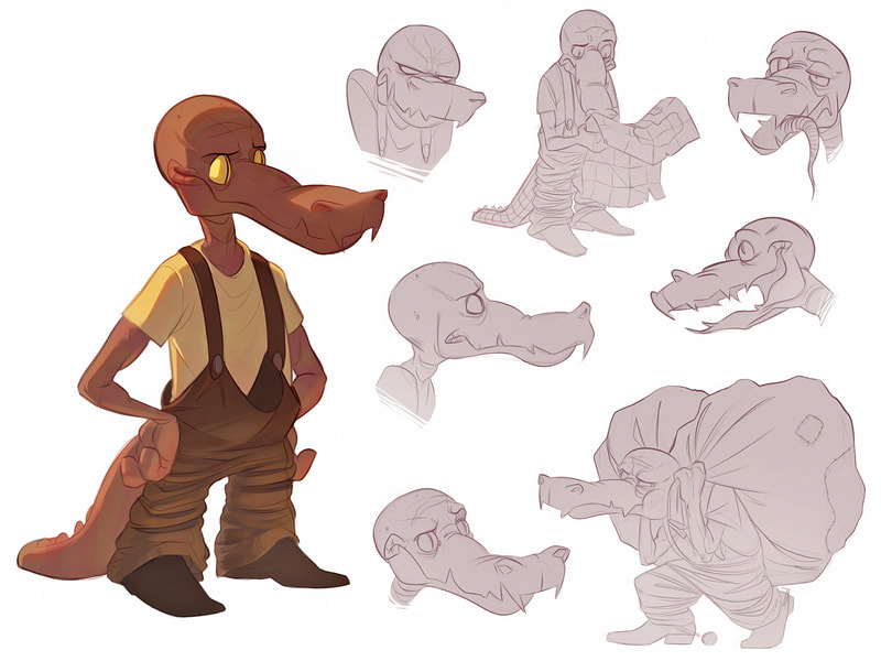 Concept art of a little alligator person wearing clothes that don't fit.