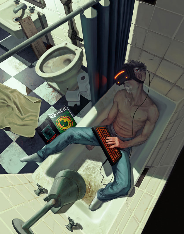 cyberpunk digital art of an unconscious man wearing jeans passed out in a dirty bathtub holding a keyboard connected to his brain