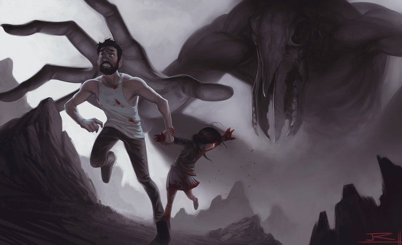 drawing of a man pulling his possessed daughter's arm while escaping from gigantic monster reaching out to them