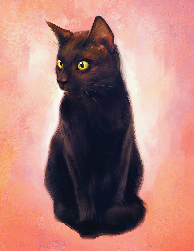 A painting of a black cat on a colorful background.