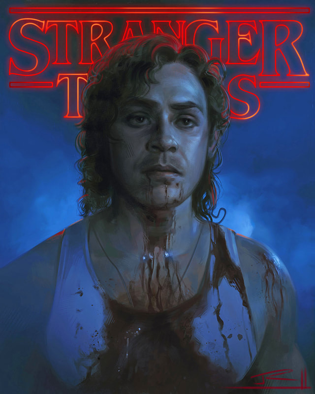 A painted portrait of Billy Hargrove from Stranger Things.
